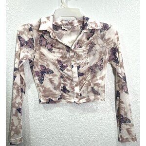 Meraki Top Womens S White Mesh Crop Button Up Long Sleeve Butterfly Babydoll Y2K